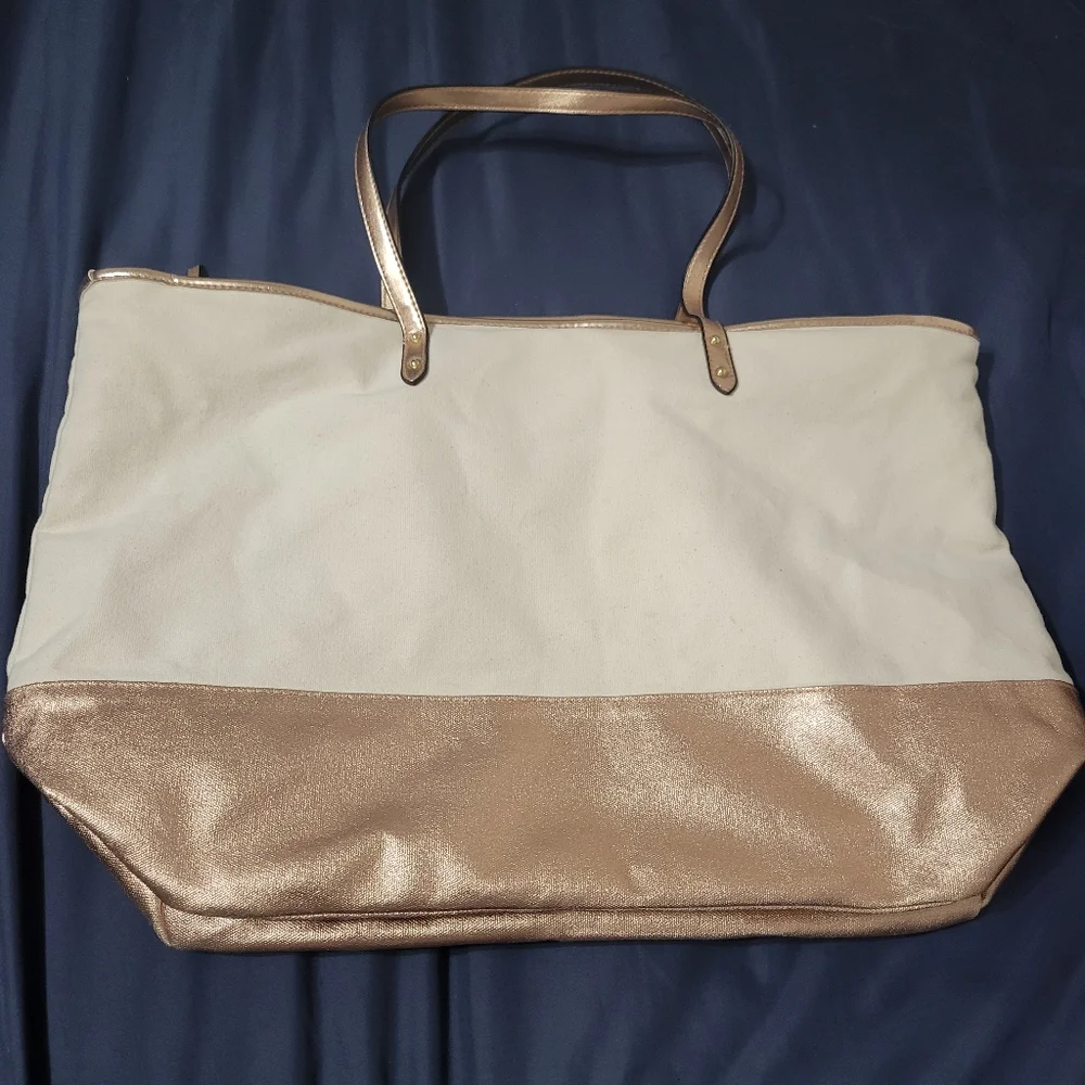 VICTORIA SECRET Zip Tote Handbag Beach Rose Gold Beige Canvas Bag